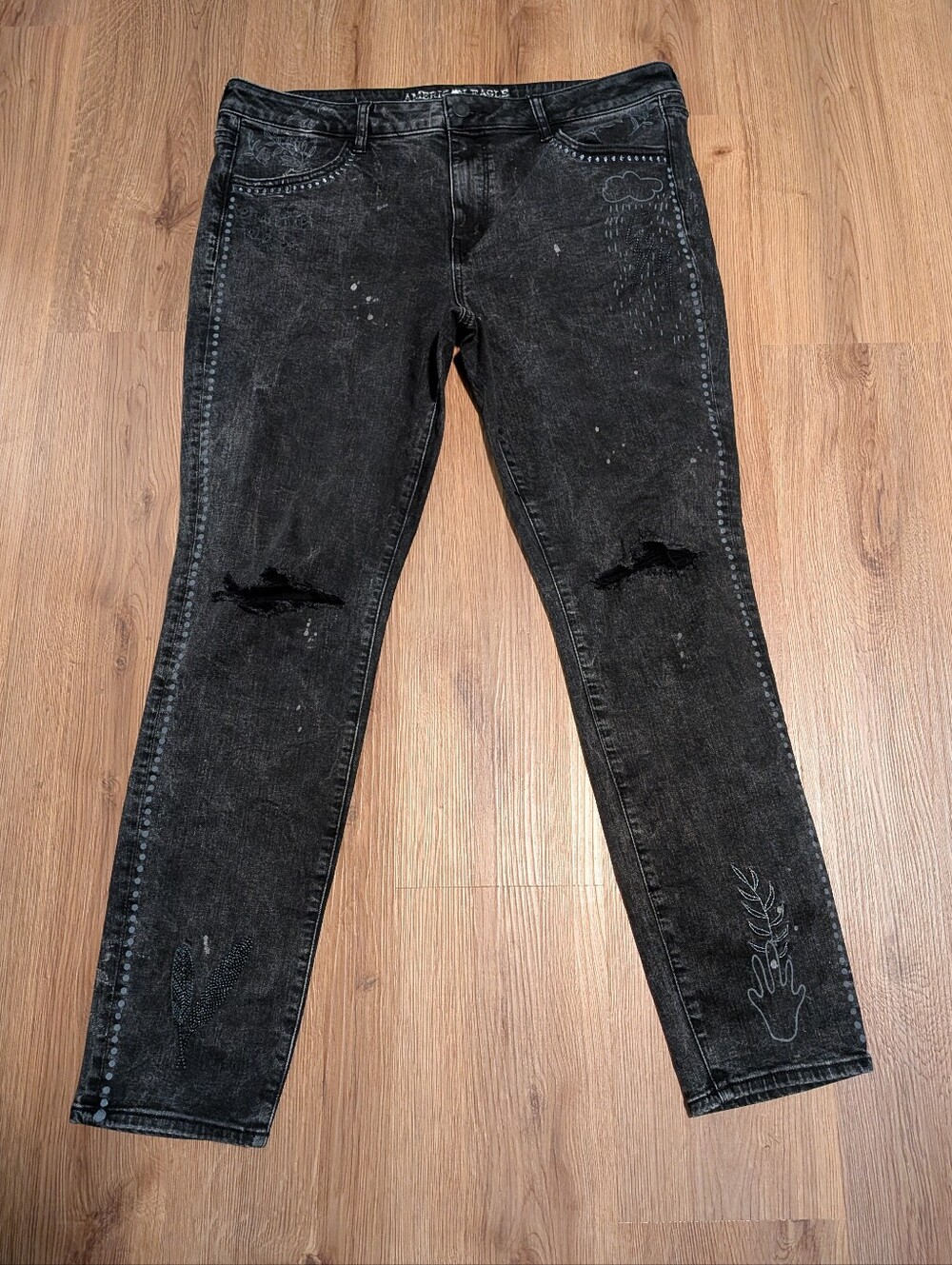 New American Eagle Black Embroidered Jeans 18 Long